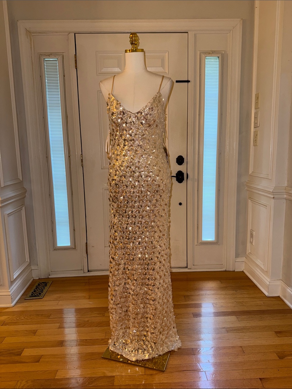 Sequin Champagne Maxi Slip Dress with Spaghetti Straps HOOK NEEDS REPLACING
